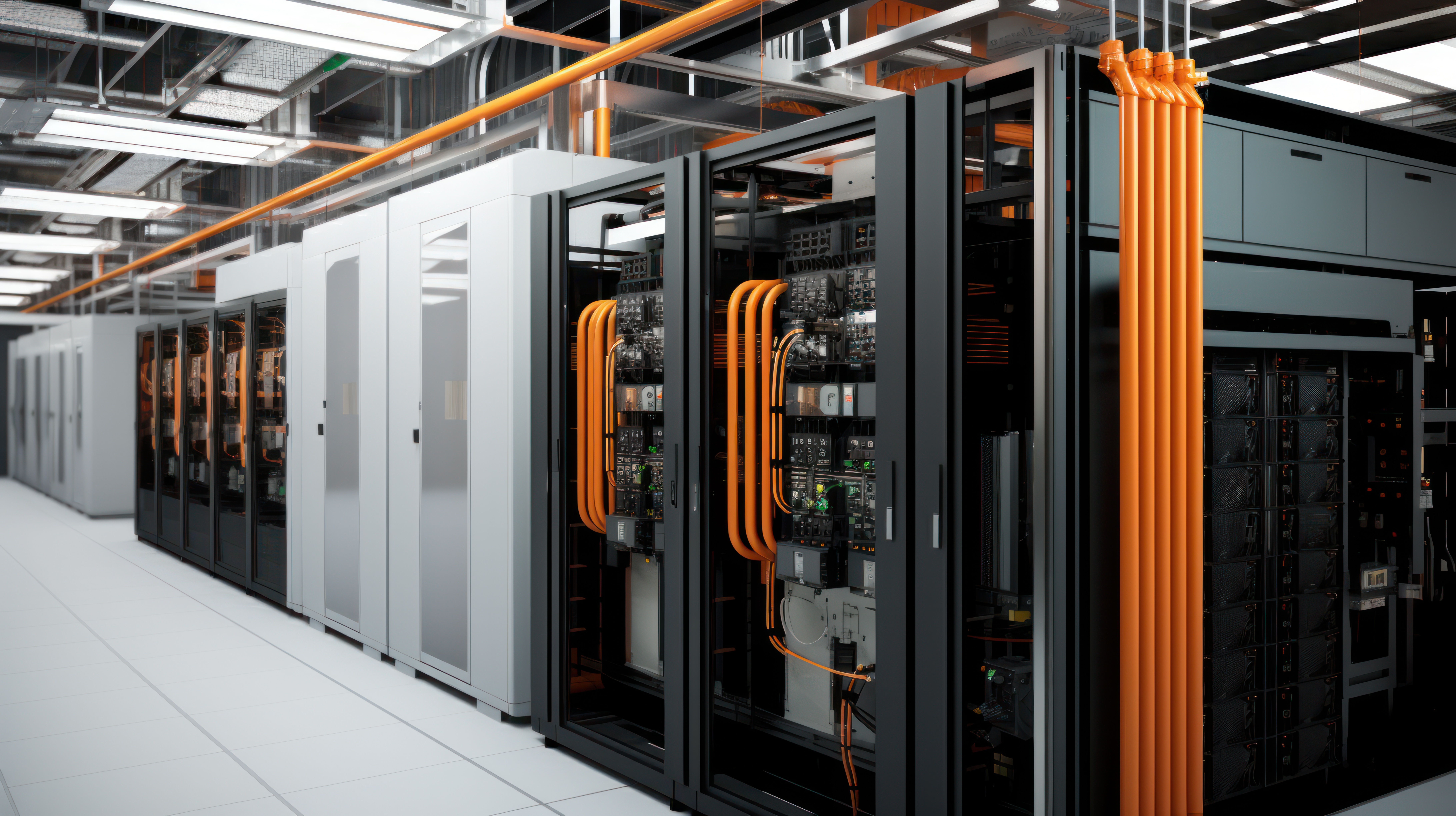 Depict a state of the art data center with rows of server racks, cooling systems, and redundant power supplies